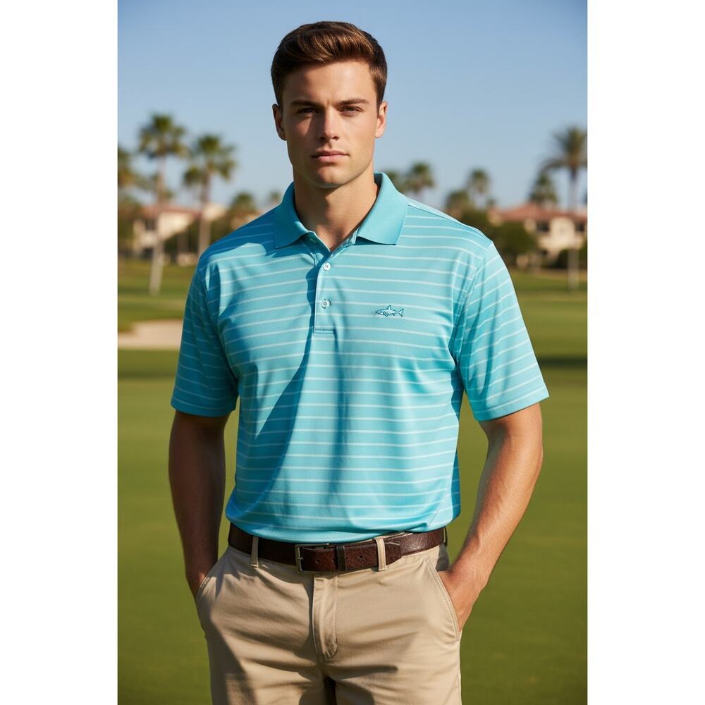 Greg Norman Play Dry Aqua Striped Golf Polo Shirt L Performance